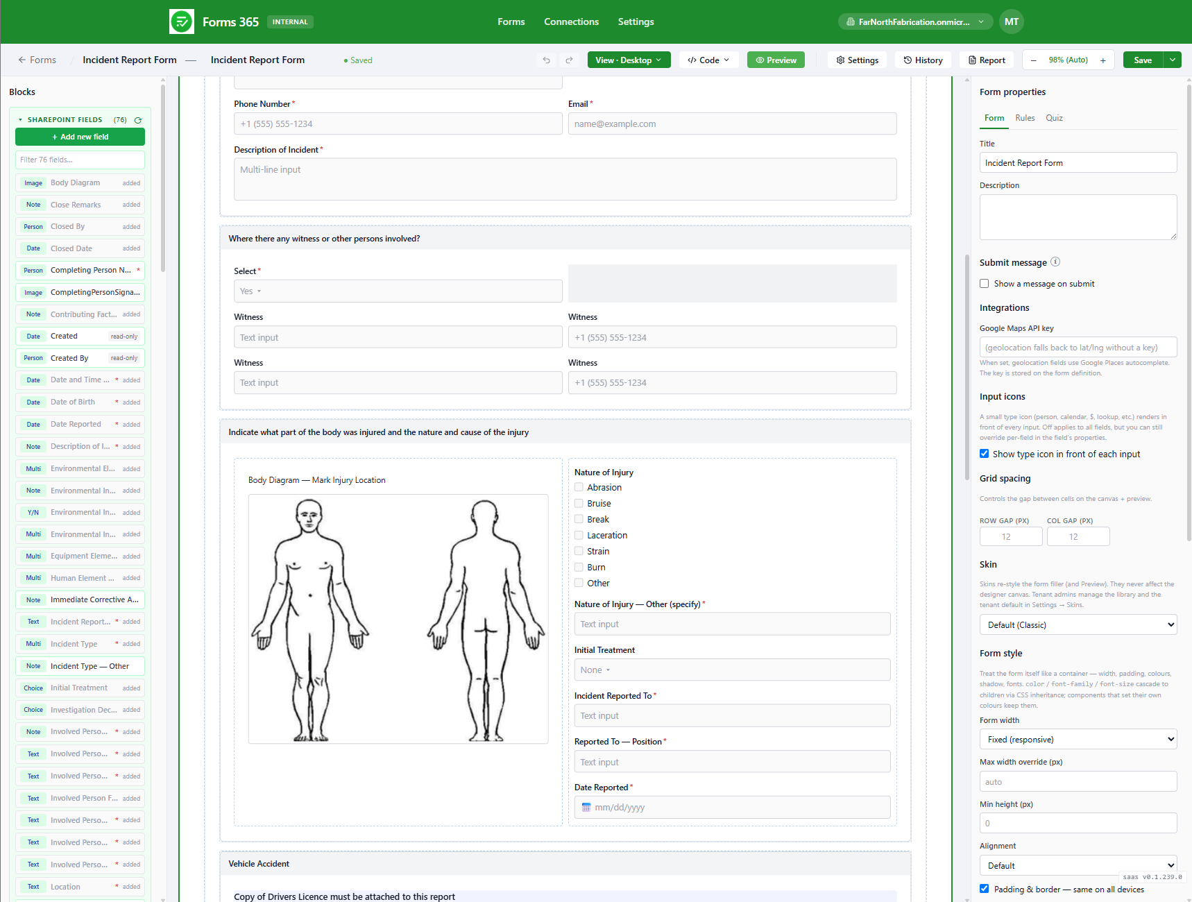 The drag-and-drop form builder editing an incident report, showing conditional fields, a body-diagram injury picker and the SharePoint field list