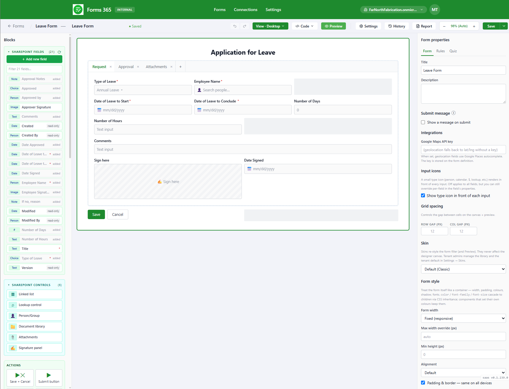 The Forms 365 Workspace drag-and-drop builder editing a leave application form that runs inside SharePoint