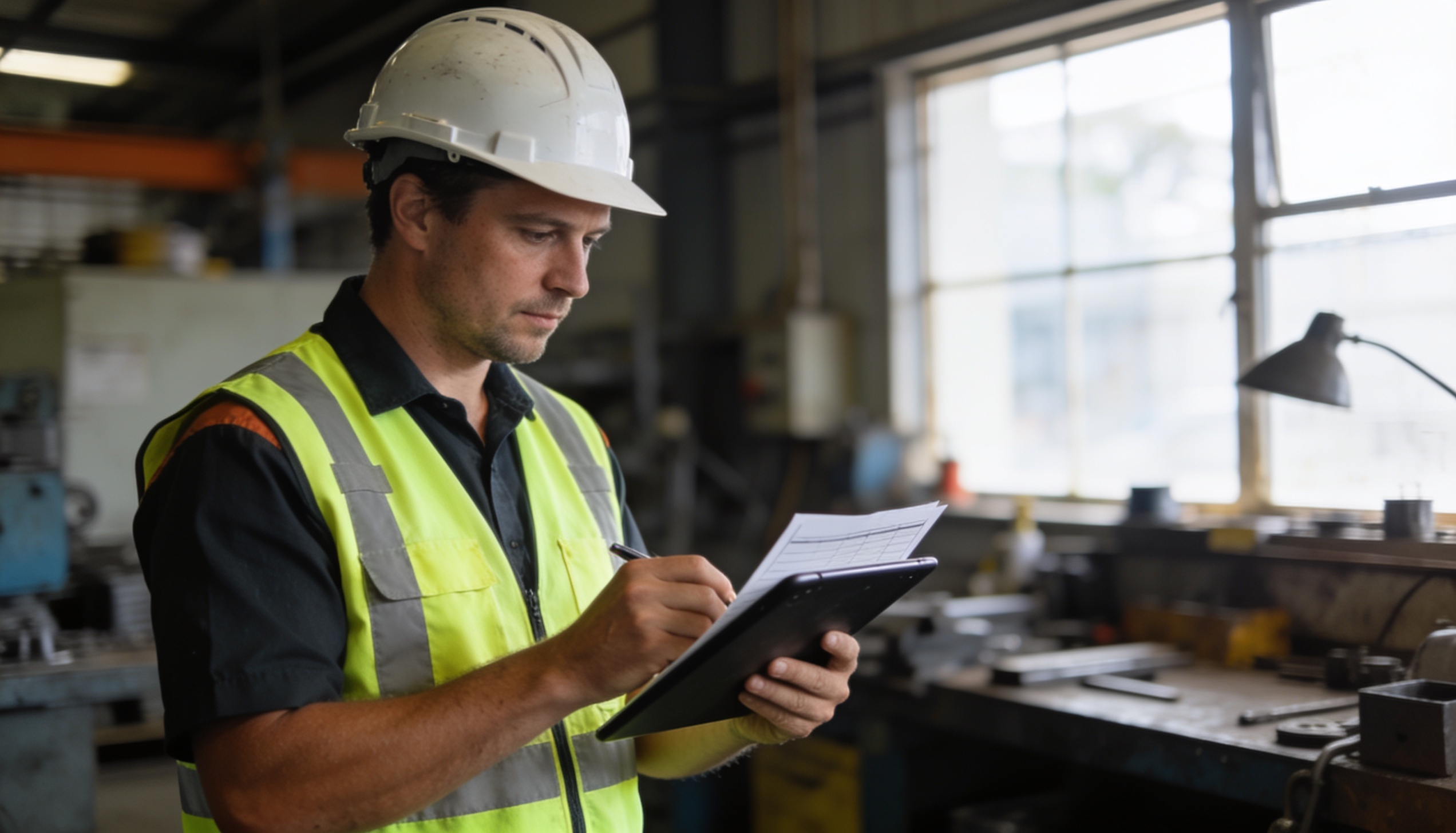 A site supervisor checking a form on a tablet in a workshop